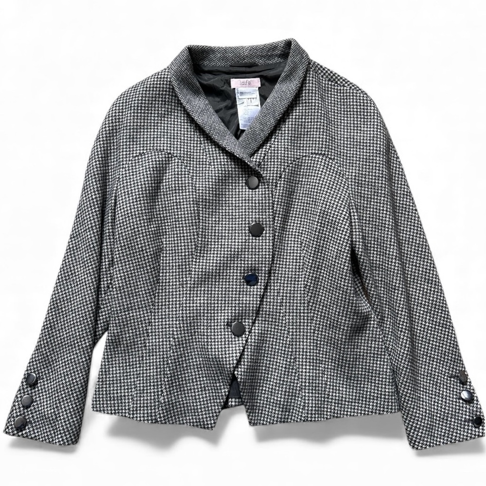 Laurél Black & Gray Houndstooth 100% Wool Lined Blazer Size 12 Quiet Euro Luxury